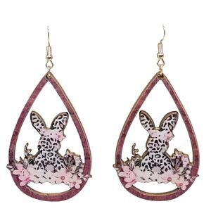 Easter Bunny Earrings Leopard‎ Print Flowers Wooden Dangle Novelty Jewelry Gift